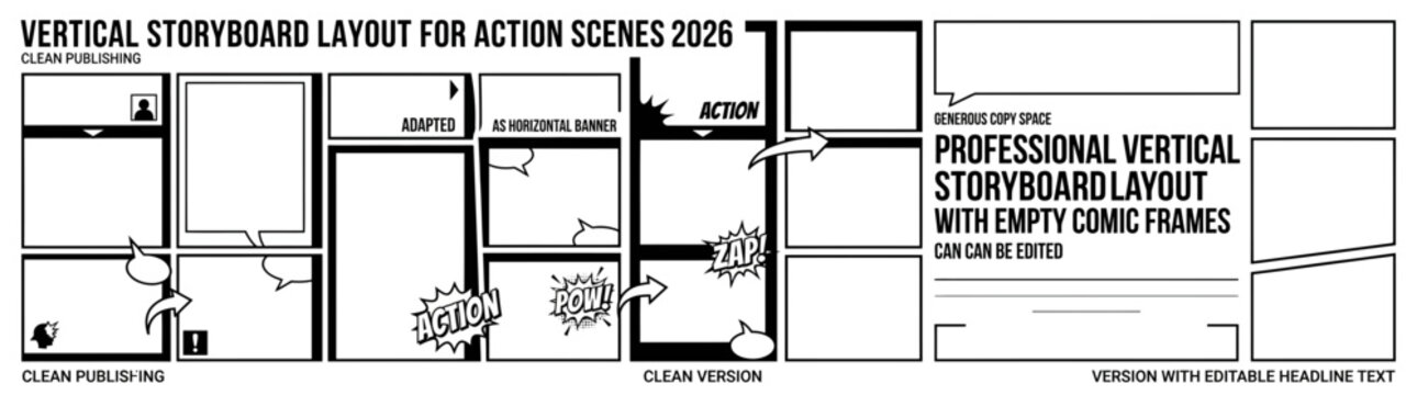 Professional Vertical Storyboard Layout 2026 with Empty Comic Frames for Action Scene Planning