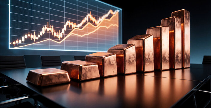 Copper bars ascend on table in front of glowing stock market graph. Represents financial growth, commodity trading, and investment success. Shiny metal stacks visualize economic progress.