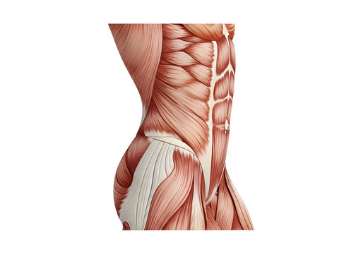 Detailed anatomical illustration of human back muscles and spine in side view medical style