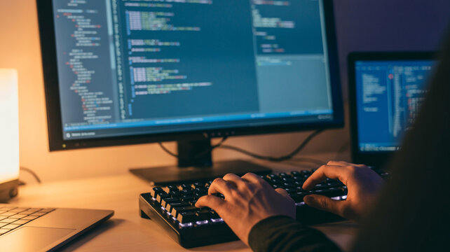 Programmer typing software code on computer monitor in dark room