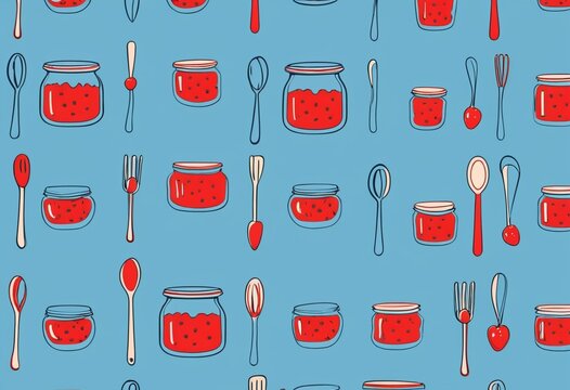 Cute illustration seamless pattern of red jam jars with fruit