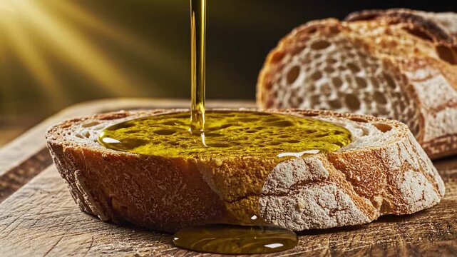 Olive oil being poured onto a slice of rustic bread, with a loaf in the background, capturing the rich texture and golden light.