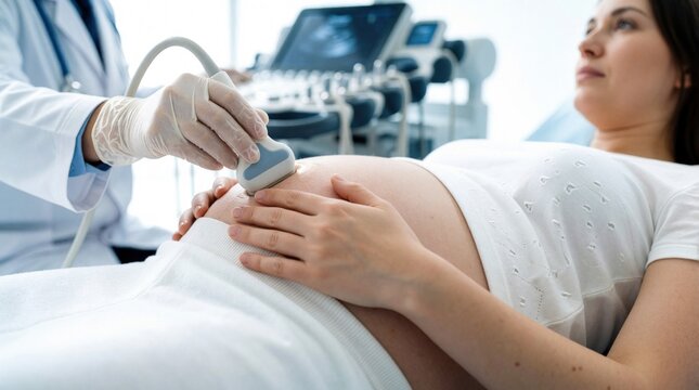 Pregnant woman receives medical scan for baby development. Doctor uses ultrasound equipment checking fetus health. Expecting mother waits for childs first image. Future life visible.