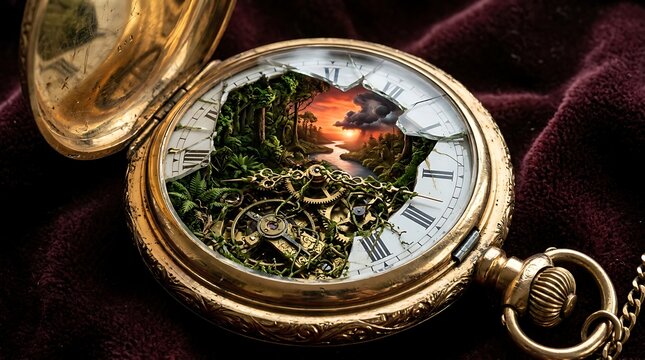 Vintage gold pocket watch with mechanical gears and sunset reflection on a dark black background