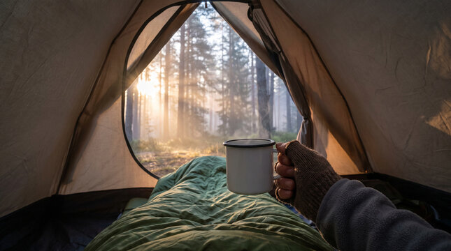 Camper enjoying hot coffee inside a forest tent with a compass nearby, combining relaxation, navigation, camping, and outdoor exploration.