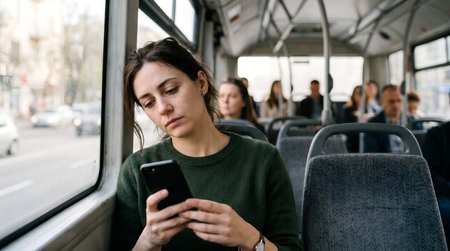 Commuter using smartphone while traveling on city bus.