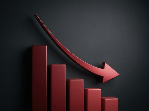 Red 3D bar chart showing market downtrend with declining growth arrow on dark background, three dimensional