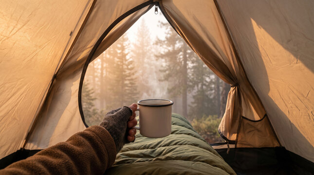 Warm morning coffee inside a cozy camping tent, with sunlight filtering through forest trees and creating a peaceful outdoor retreat.