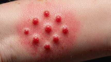 Fototapeta premium Red circular skin rash with small inflamed bumps on human arm. Close view of irritated dermis shows allergic reaction infectious disease symptoms. Medical problem requires urgent pro dermatology care
