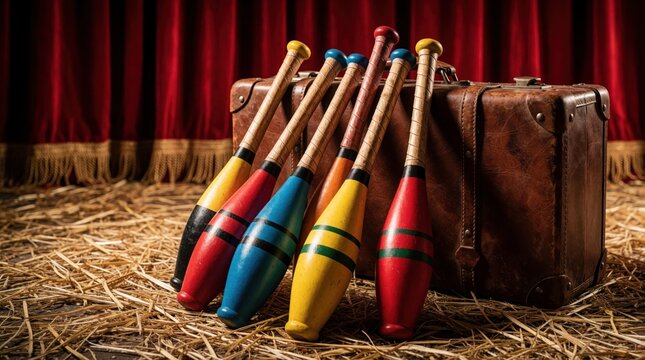 Colorful juggling clubs lean on vintage leather suitcase. Red circus curtains drape behind, straw covers floor. Performance art props ready for show. Traveling circus equipment set.