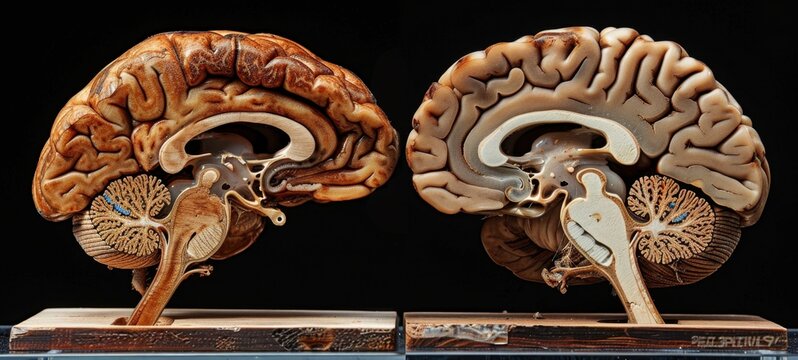 Two detailed anatomical cross-sections of human brains showing intricate structures and neural pathways.