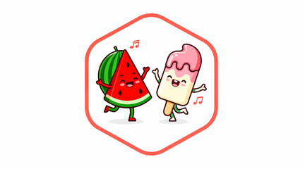 Naklejka premium Cartoon watermelon and ice cream dancing