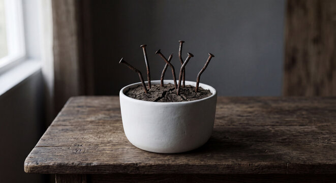 Rusty bent nails growing like plants from cracked dry soil inside a minimalist white ceramic pot