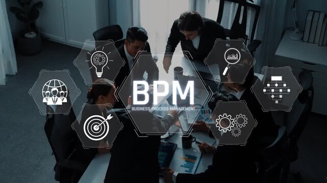 A diverse team collaborates in a business process management session, analyzing data and refining workflows to drive efficiency and innovation in a modern workspace. Raster