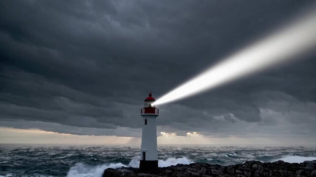Bright lighthouse beacon casting powerful light beam over stormy ocean waves while dark tempest clouds hover above rocky coastal shore, coastal safety tower guiding sailors through rough sea water