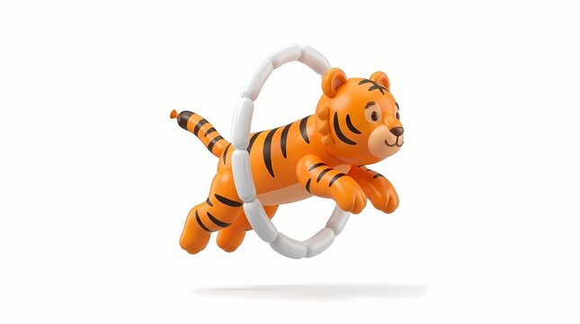 A small orange plastic tiger character leaps through a circular hoop representing circus performance art showcasing skillful wild animal training stunts meant for children and their imaginative