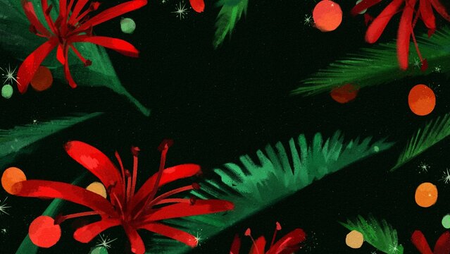 Vibrant Red Flowers and Green Leaves on Dark Textured Background with Orbs