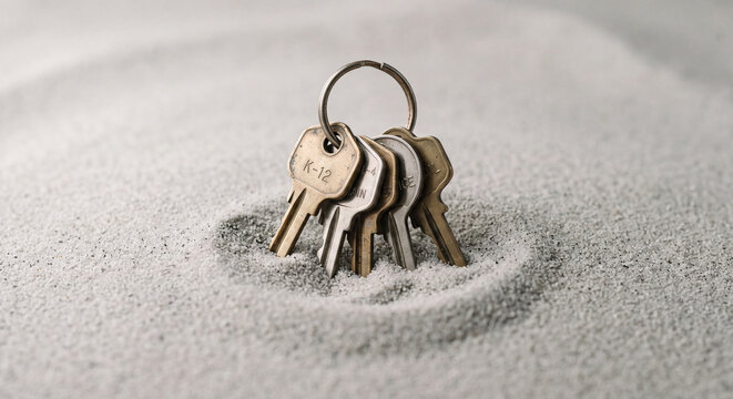Set of metal keys half buried in fine white sand minimalist opportunity concept.