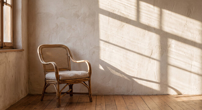 Rattan armchair in minimalist room with warm window shadows projected on textured wall