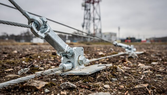 Closeup on guy wires anchored into ground crisp detail on tension cables outoffocus industrial lot and tower base behind.