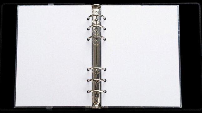 Open ring binder with blank white pages and metal rings on black background. This empty notebook offers space for writing notes plans or creating templates for business projects and school work.