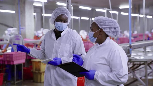 Two food factory workers inspecting fresh fish on processing line