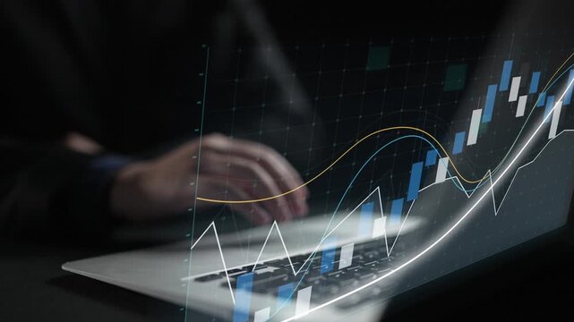 A professional business person uses a laptop in a dark setting, analyzing financial graphs and statistics to gain insights into market trends and performance. Copula