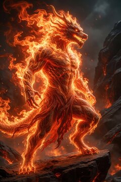 Fiery dragon creature made of intense orange flames stands on volcanic rock. Mythical beast with human like body and glowing eyes roars with power. Elemental being in motion, surrounded by heat.