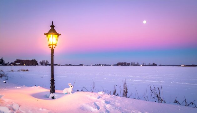 Serene Winter Evening with Warm Lamp and Whimsical Snow Scene