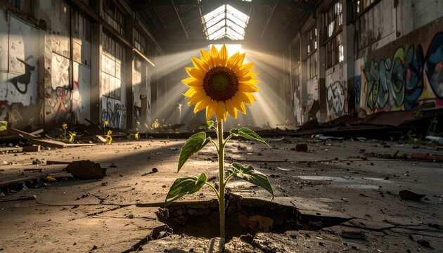 Resilient Sunflower Breaking Through Abandoned