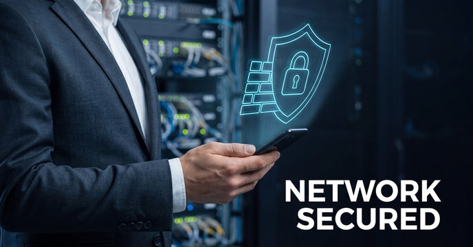 Cybersecurity expert using smartphone to monitor secure server network architecture with blue digital shield icon and firewall technology protection interface