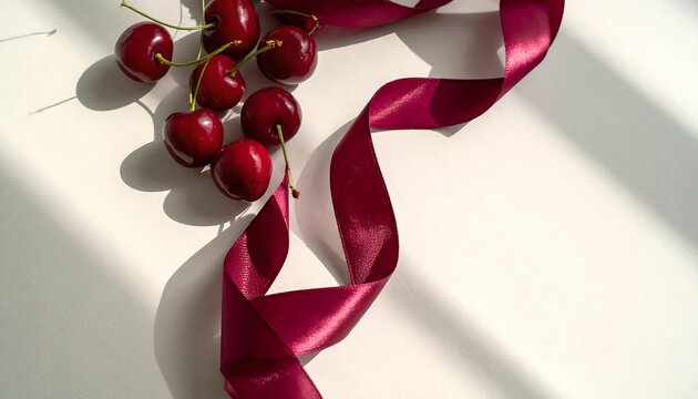 Vibrant Cherries with Elegant Satin Ribbon White Surface