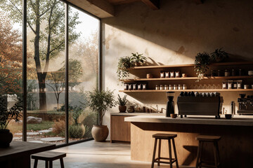 Fototapeta premium Modern minimalist cafe interior with wooden counter, stools. Sunlight shines through large glass window showing trees outside. Potted plants decorate shelves, floor. Espresso machine sits on bar near