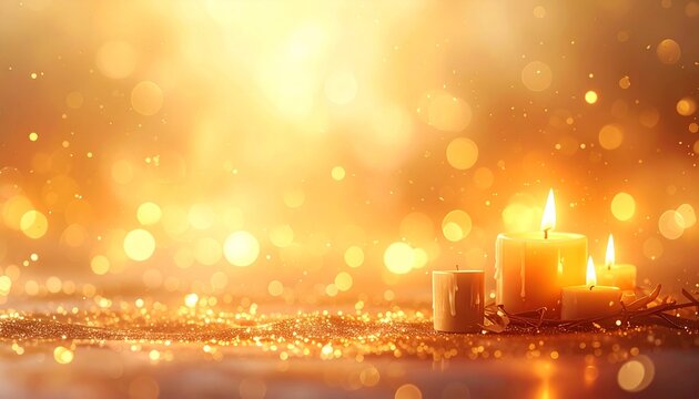 Glowing Holiday Candles on Glittering Gold Surface with Amber Bokeh