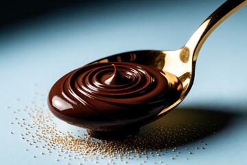 Fototapeta premium Golden spoon holds dark swirl of melted chocolate sauce. Shiny metal utensil sits on light blue surface with small decorative grains. Delicious cocoa dessert liquid shows smooth creamy texture. Pro