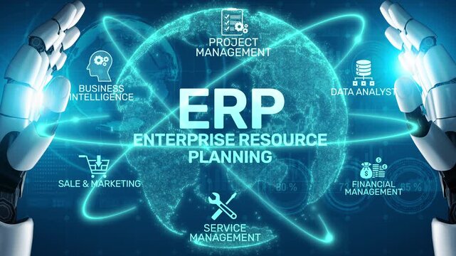 ERP platform visual showing centralized system for enterprise resource planning, improving integration, data flow, business efficiency, finance, inventory, and human resources. Muxer
