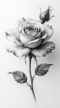Hand drawn rose flower sketch on white background. Pencil illustration of blossoming plant with stem leaves, bud. Detailed black ink botanical art graphic design. Elegant floral tattoo stencil