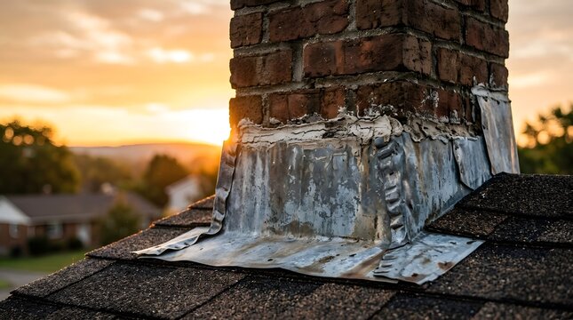 Rustic Brick Chimney with Weathered Metal Flashing at Sunset