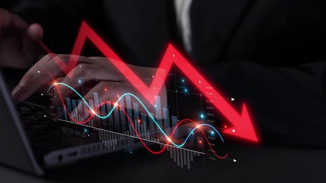 Economic caution visualized with fluctuating market graph, alert symbols, and negative data trends. Represents financial risk, market volatility, and economic uncertainty. Muxer