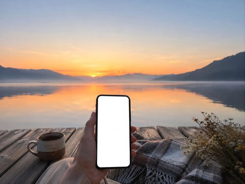 夕焼けの湖畔で空白のスマートフォンを持つ手と美しい山の風景｜湖、夕日、山、水面、コーヒー、毛布、モックアップ