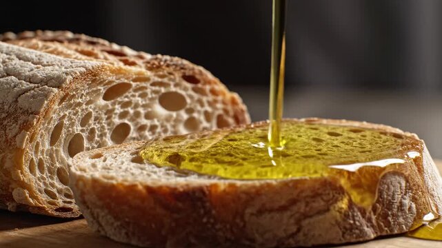 Golden olive oil stream slowly pouring onto crusty artisan bread slice, creating rich golden puddle, food preparation detail, healthy cooking ingredient