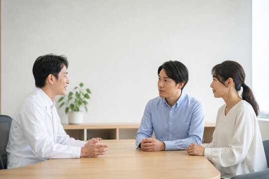 医師と成人家族が患者支援を相談するクリニック