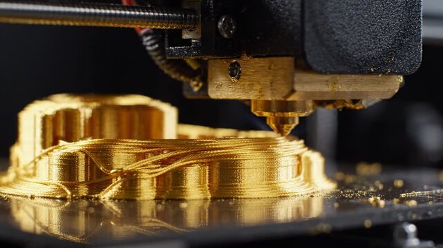 3D printer nozzle extruding molten gold filament, creating intricate geometric shapes on a build plate, technology and manufacturing closeup