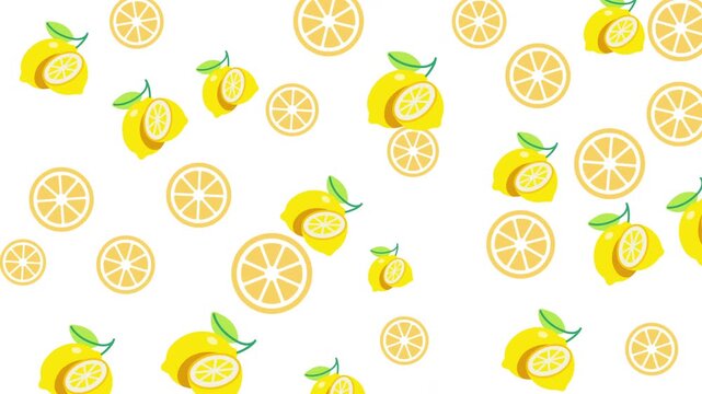 Cute seamless pattern background with cartoon yellow lemon fruits and fresh citrus slices illustration.