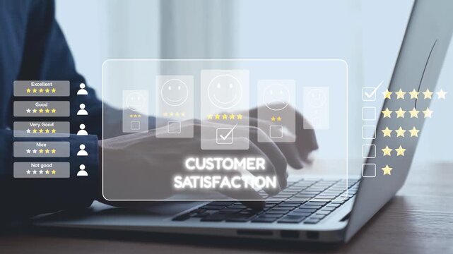 A close-up view of hands typing on a laptop, surrounded by visual indicators of customer satisfaction with smiley faces and star ratings, highlighting digital feedback integration. Qubit