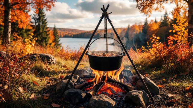 Cast iron pot cooks stew over campfire with steam rising. Autumn forest surrounds lake and outdoor meal preparation. Burning logs provide warmth for cooking food.