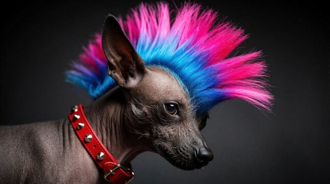 Dog with pink and blue mohawk and studded collar poses in studio. Small pet with dyed fur sports punk rock style. Animal portrait features vibrant colors and unique hairdo.