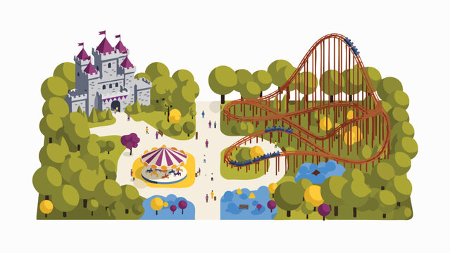 Vibrant theme park vector map with fairy tale castle, thrilling roller coaster ride, carousel, and lush green trees, concept for family entertainment and summer fun, ideal for tourism brochures and