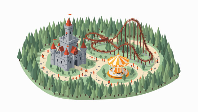 Vibrant isometric amusement park model with medieval fairytale castle, thrilling roller coaster, and carousel, concept for family vacation resort layout, ideal for travel brochures, games, and banners