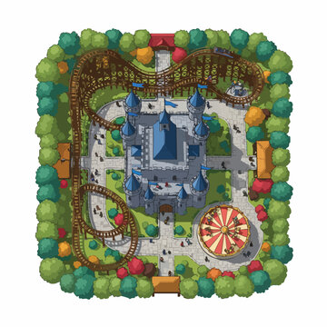 Vibrant theme park layout with medieval castle, wooden roller coaster, and carousel from top view, concept for game map design and family entertainment, ideal for amusement park promotion.